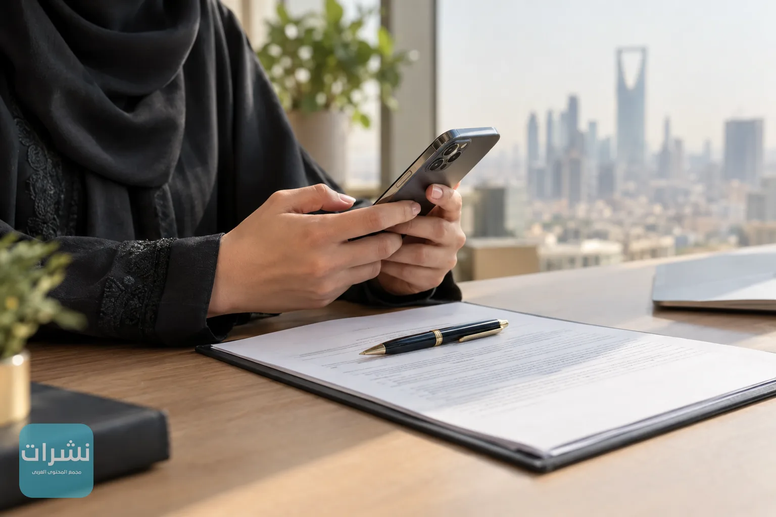 يدان تراجعان عقد عمل على الهاتف بجانب ورقة مطبوعة وقلم