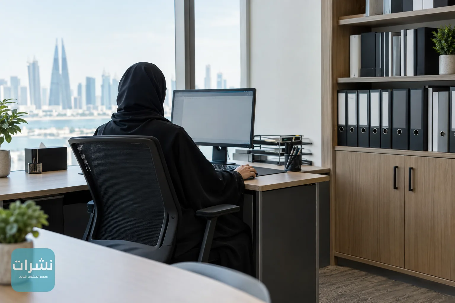 موظف إداري يعمل على حاسوبه في مكتب منظم داخل منشأة خاصة