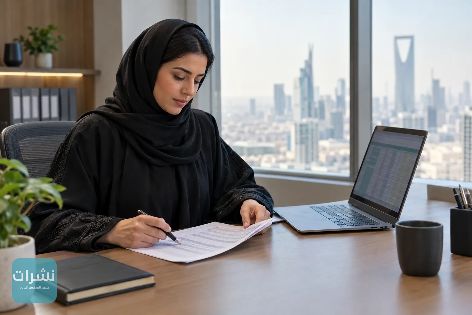 أخصائية موارد بشرية تراجع قائمة العاملين وحاسوبها المحمول في مكتب بالرياض