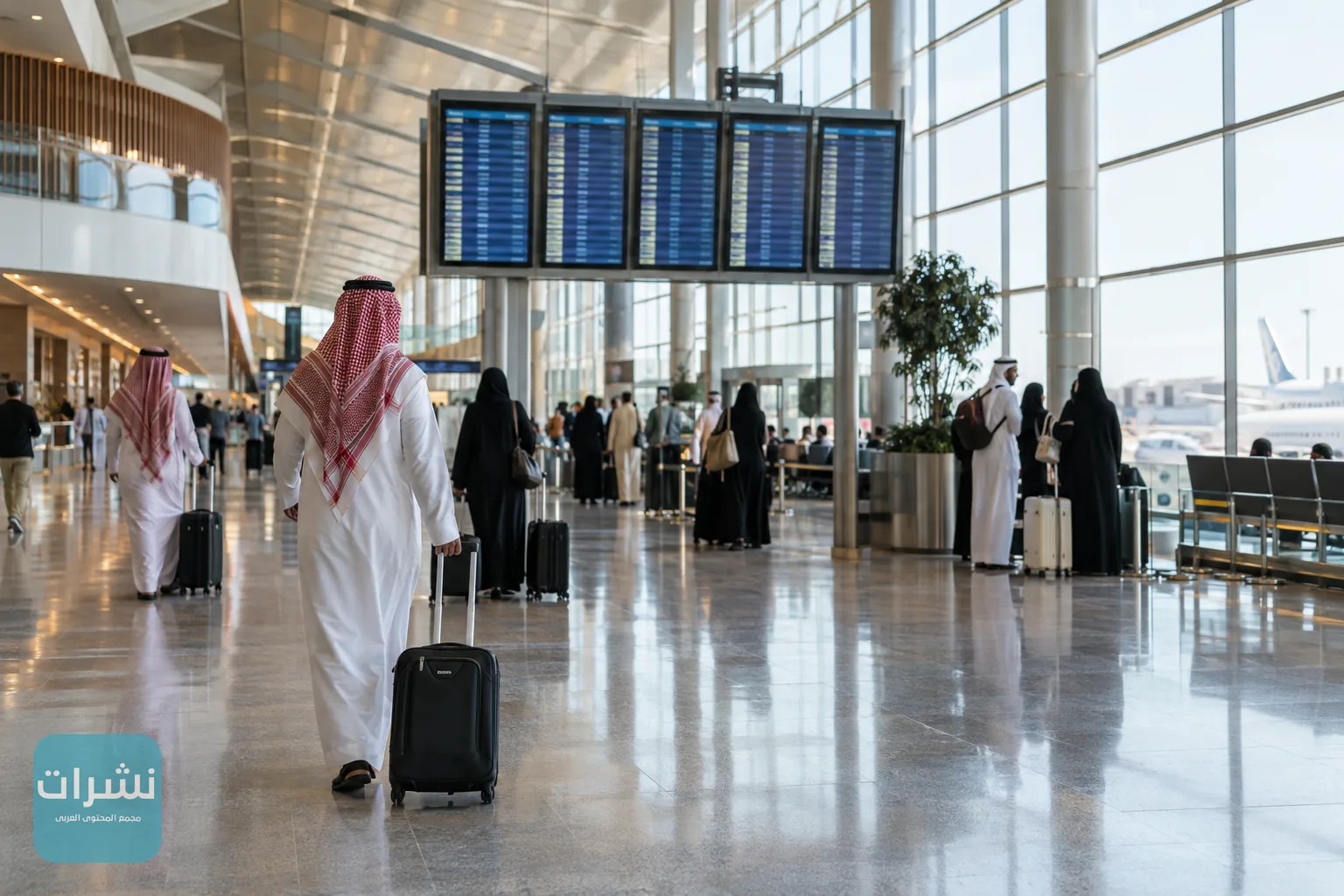 صالة مغادرة في مطار سعودي مع مسافرين يحملون حقائبهم قرب شاشة المعلومات
