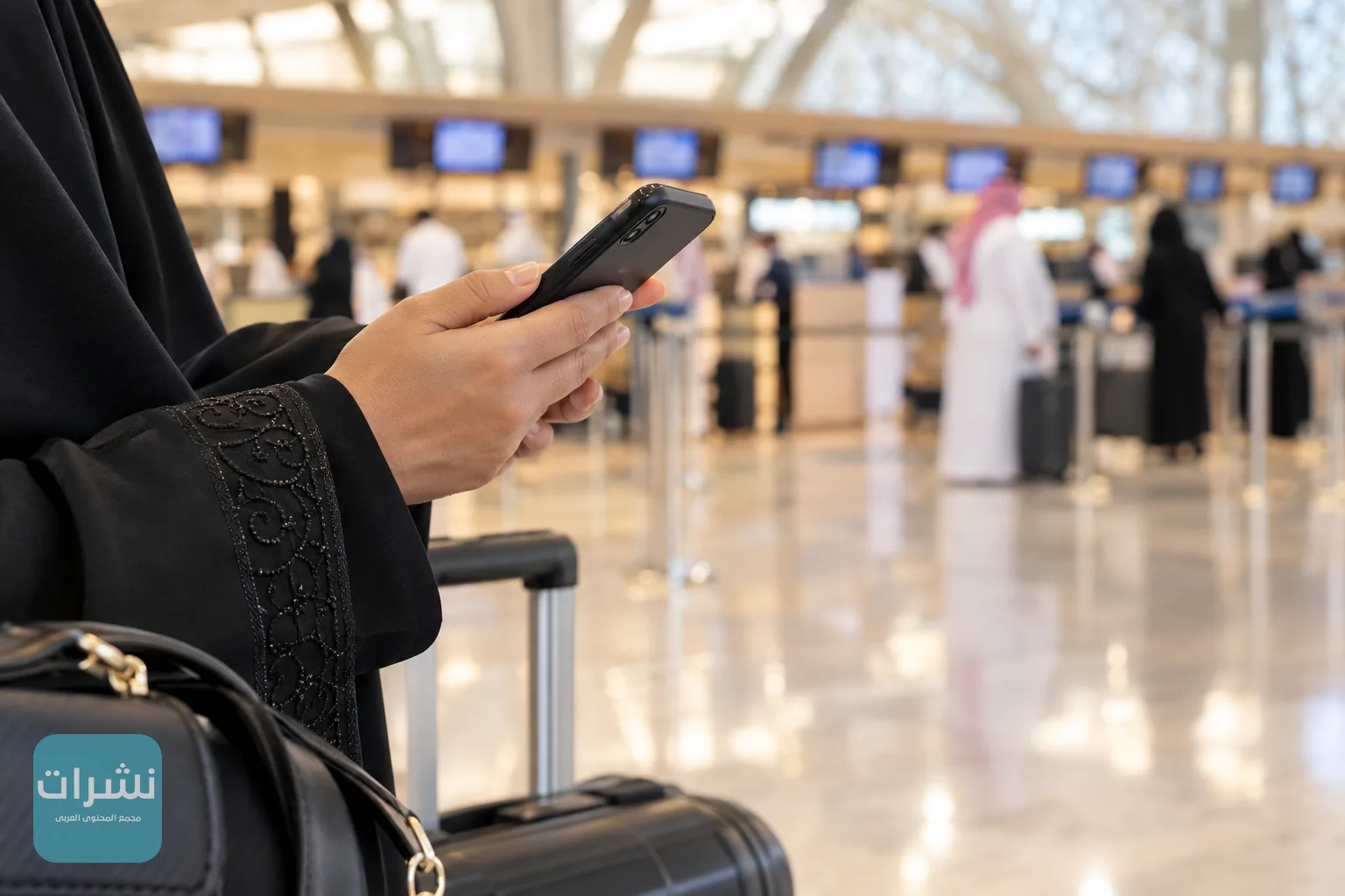 مسافر يتحقق من حالة رحلته على هاتفه في منطقة الحجز بالمطار