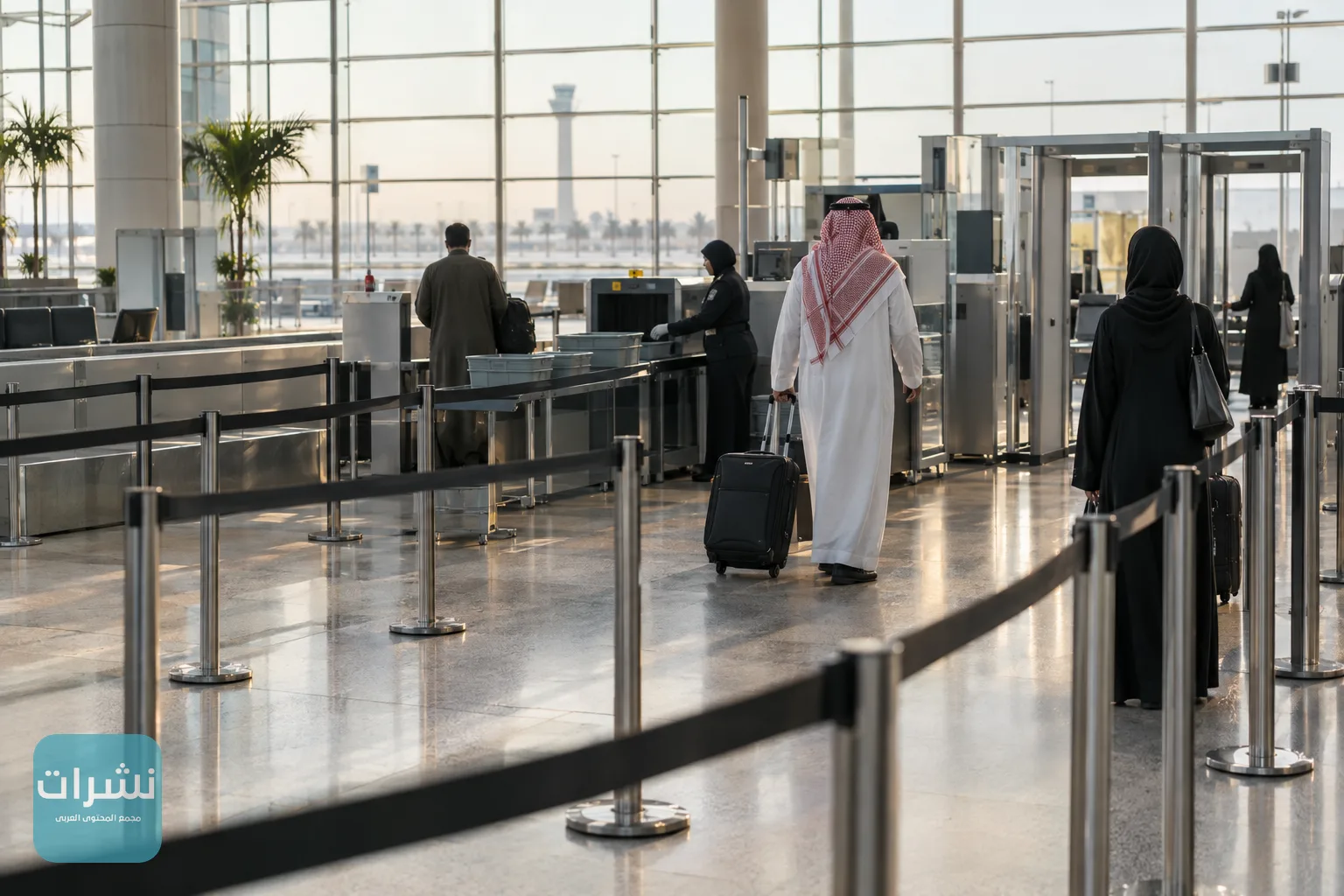 نقطة تفتيش في مطار سعودي بحركة ركاب خفيفة وحواجز طوابير فارغة