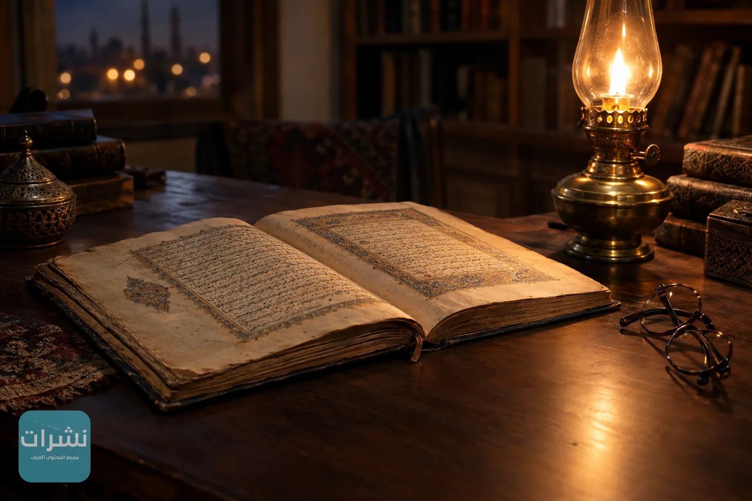 مخطوطة عربية قديمة مفتوحة على مكتب خشبي بجانب مصباح نحاسي