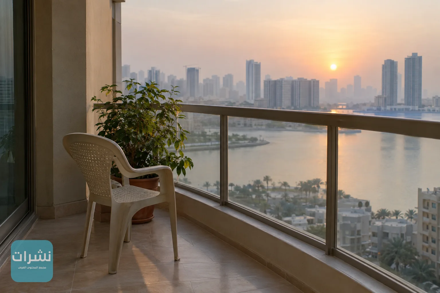 شرفة سكنية في أحد أحياء الإمارات صباحًا والأبراج تبدو من بعيد