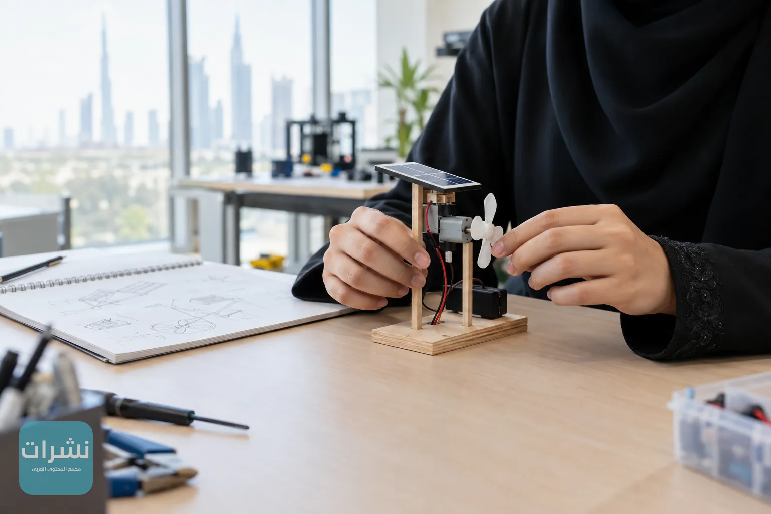 نموذج أولي لاختراع موضوع على طاولة عمل في مختبر جامعي