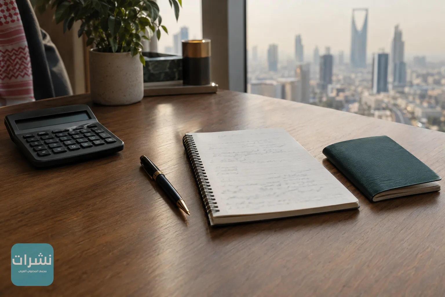 مكتب بسيط عليه آلة حاسبة ودفتر وجواز سفر، يرمز إلى مقارنة أرقام الرسوم