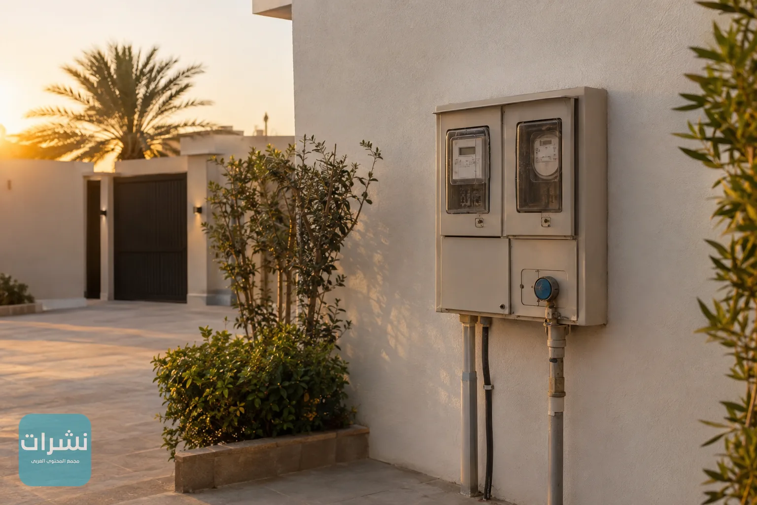 عدادات الكهرباء والمياه على جدار منزل سعودي في ساعات الغروب