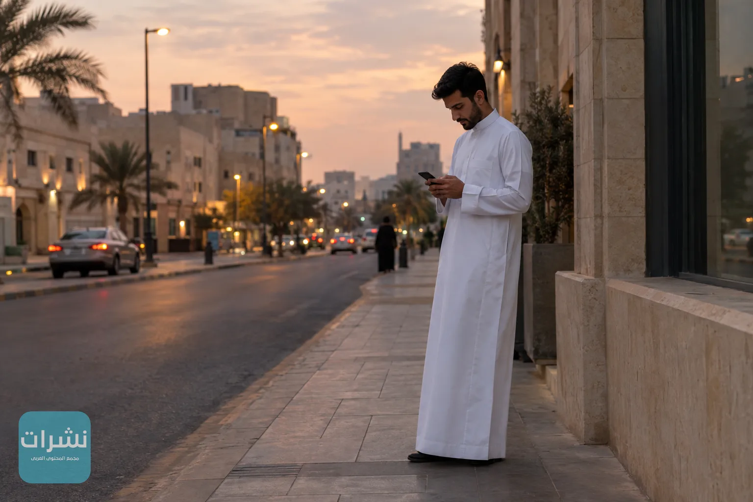 مقيم يقف في شارع هادئ بمدينة سعودية في المساء وينظر إلى هاتفه