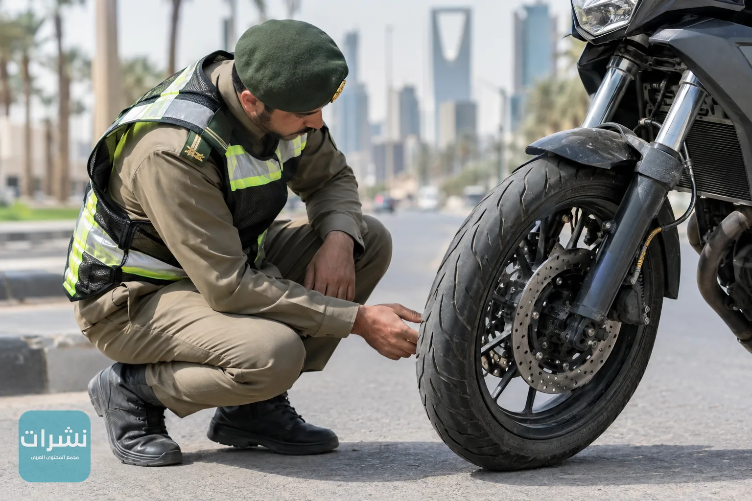 ضابط مرور يفحص دراجة نارية على طريق في مدينة سعودية