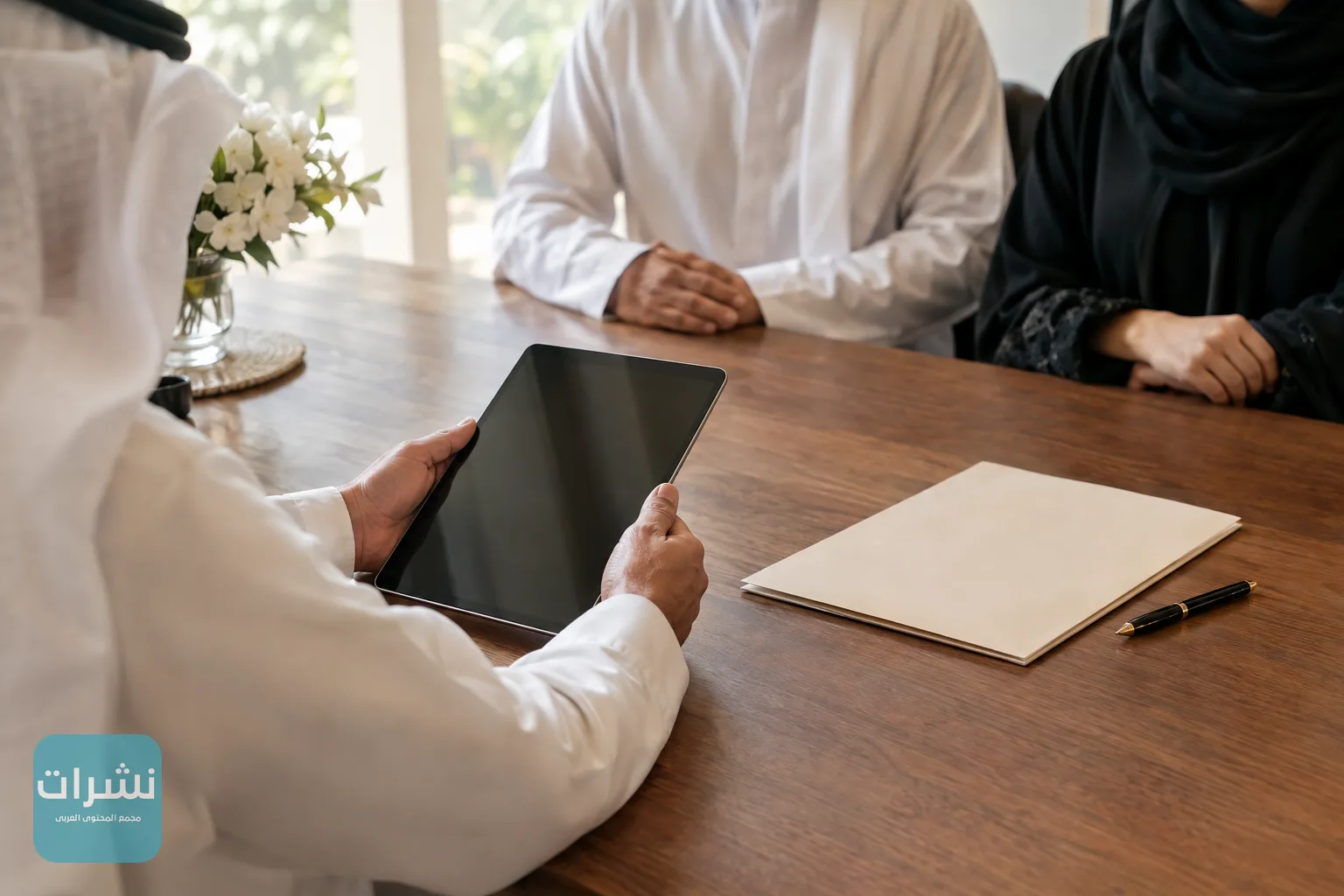 مأذون شرعي يعرض جهازًا لوحيًا خلال جلسة عقد زواج بحضور الطرفين