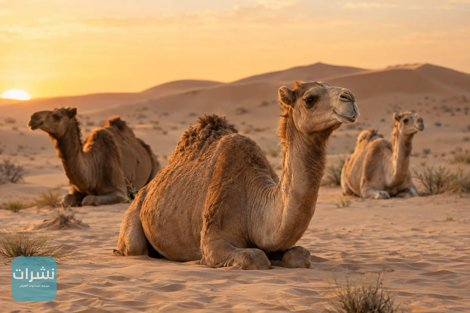 جمال عربية تستريح على رمال صحراوية عند الغروب في شبه الجزيرة العربية