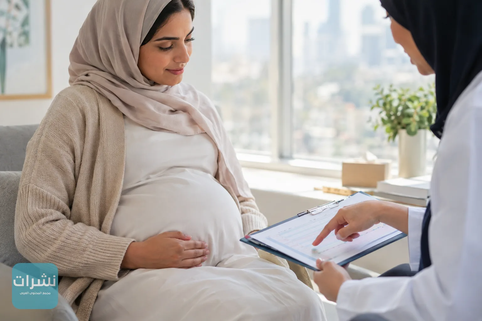 امرأة حامل تجلس قرب نافذة في عيادة متابعة وتستمع إلى الطبيبة