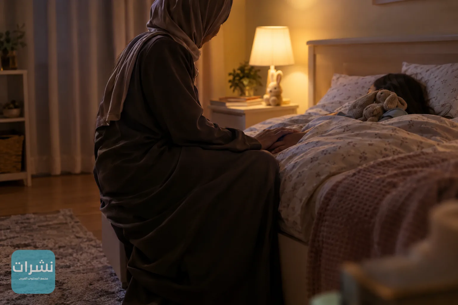 أحد الوالدين يجلس بجوار سرير طفل في غرفة مضاءة بضوء دافئ