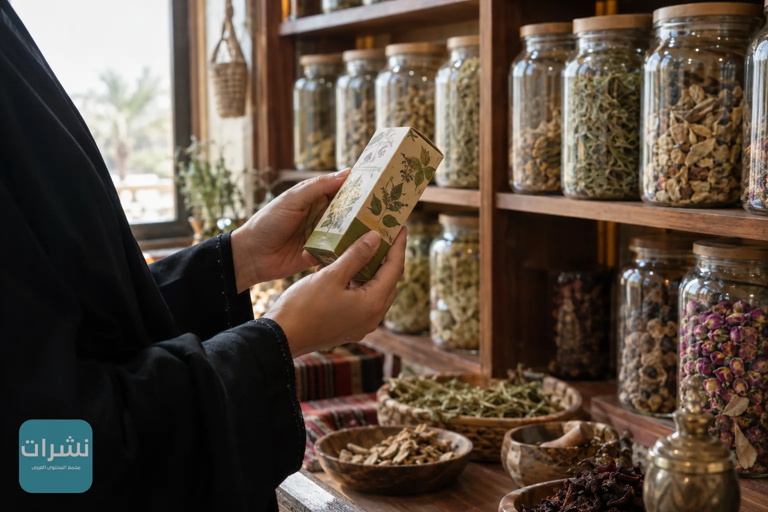 صيدلاني يفحص بيانات عبوة منتج عشبي داخل عطارة بين برطمانات الأعشاب