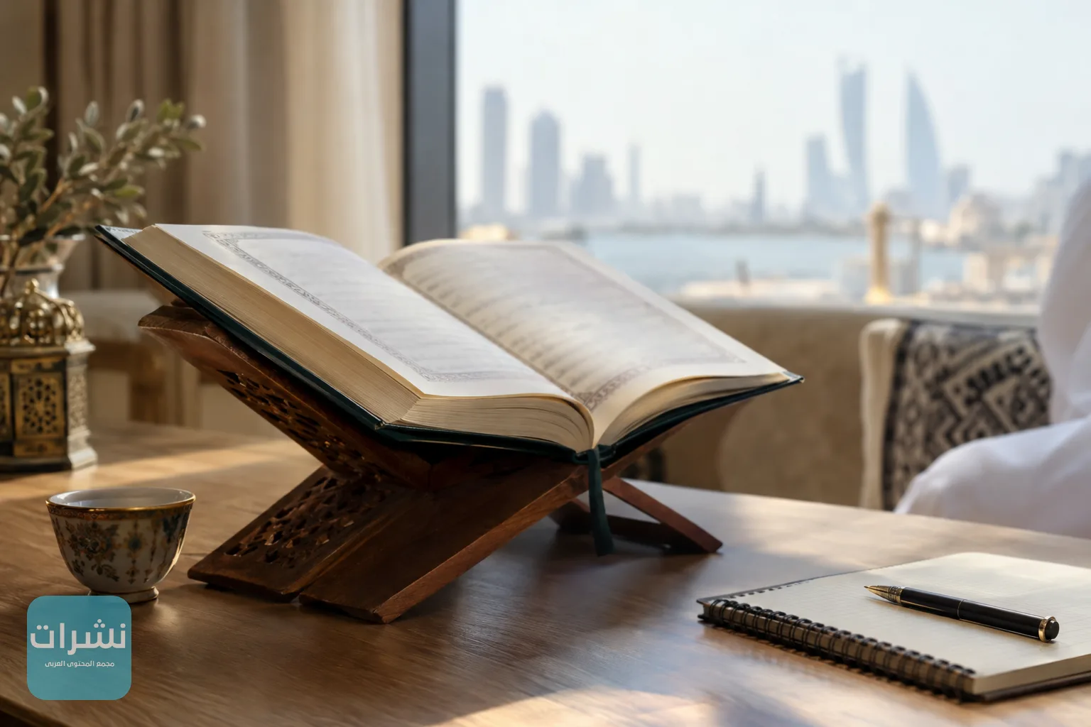 مصحف مفتوح على حامل خشبي بجوار دفتر وقلم، في ضوء صباحي هادئ يناسب جلسات الحفظ