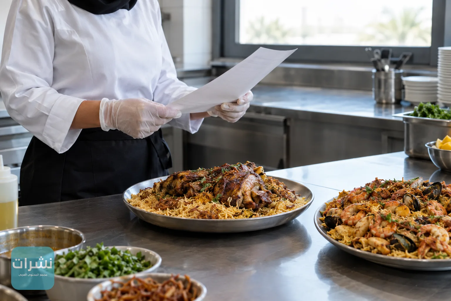 طاهٍ يراجع مكونات أطباق الأرز على طاولة تحضير في مطبخ مطعم