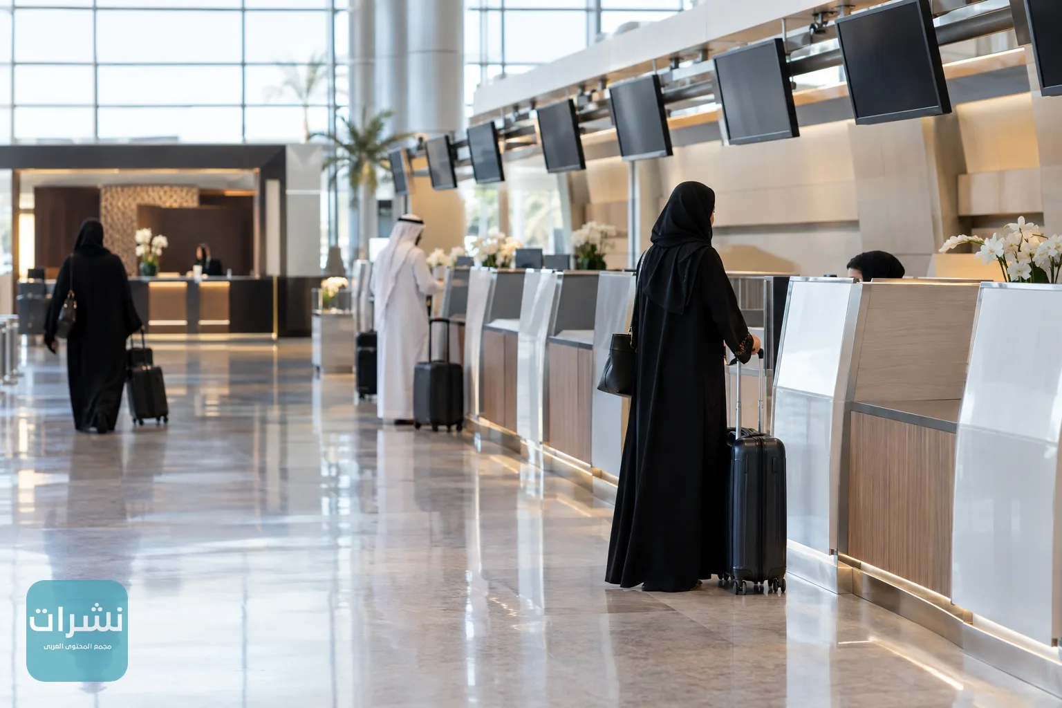صالة تسجيل وصول حديثة بصف من المكاتب وإضاءة طبيعية من النوافذ العلوية