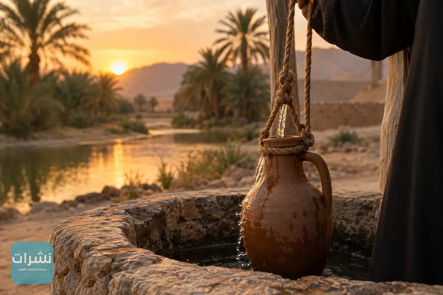إناء ماء يُملأ من بئر حجرية عند الغروب في واحة صحراوية
