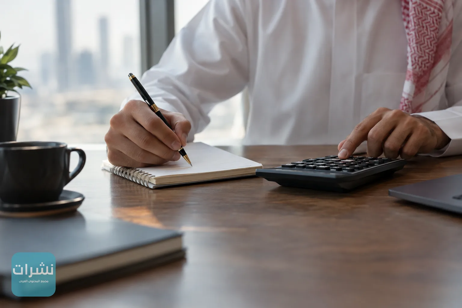 يد تكتب أرقامًا في دفتر بجانب آلة حاسبة على مكتب في مكان عمل