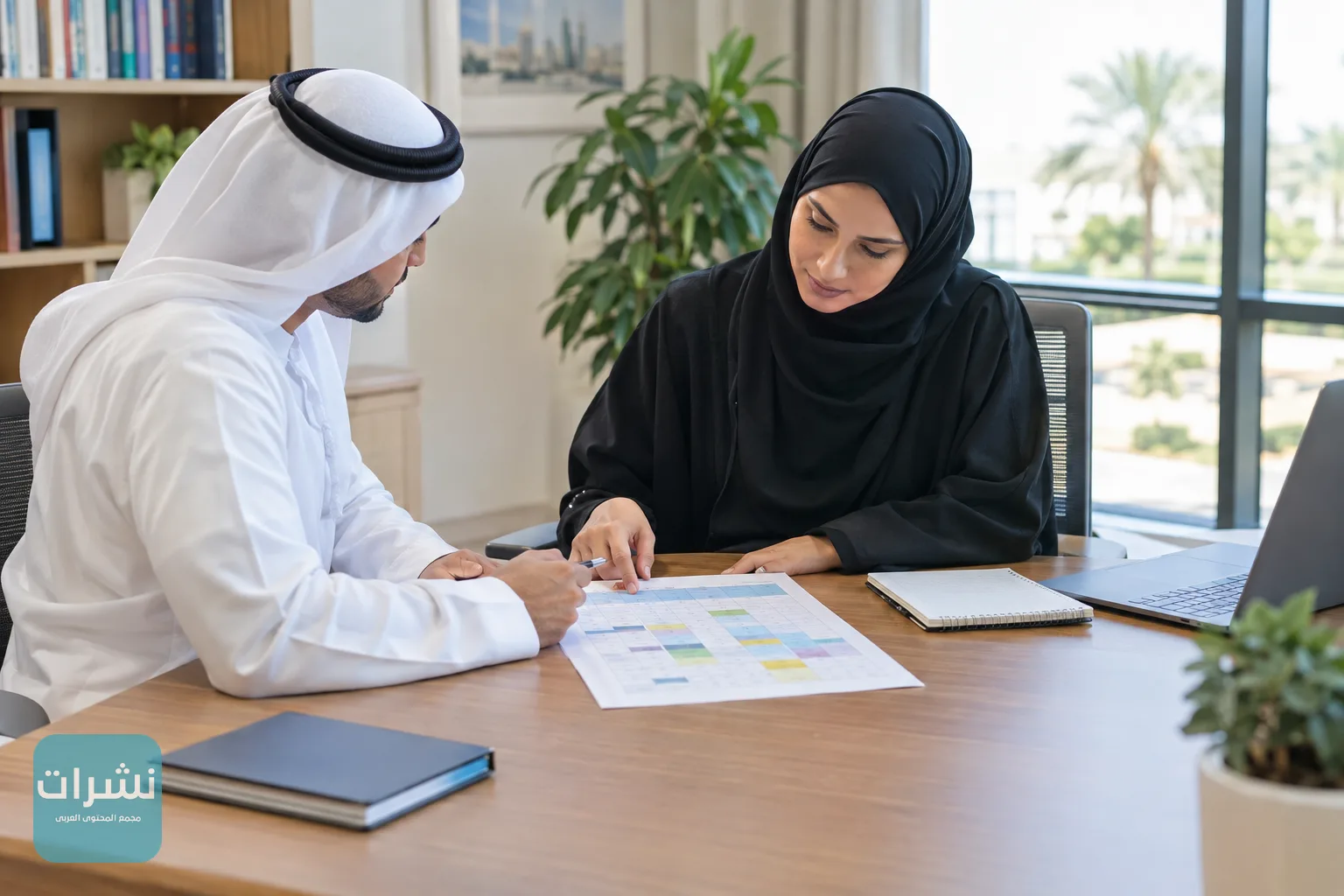 مكتب إداري في مدرسة خاصة بالإمارات مع تقويم دراسي مطبوع وأوراق على الطاولة