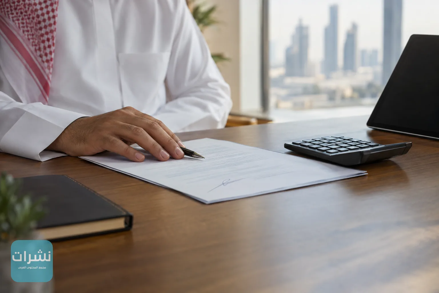 يد تضع قلمًا فوق ورقة موقعة على مكتب خشبي بجوار آلة حاسبة