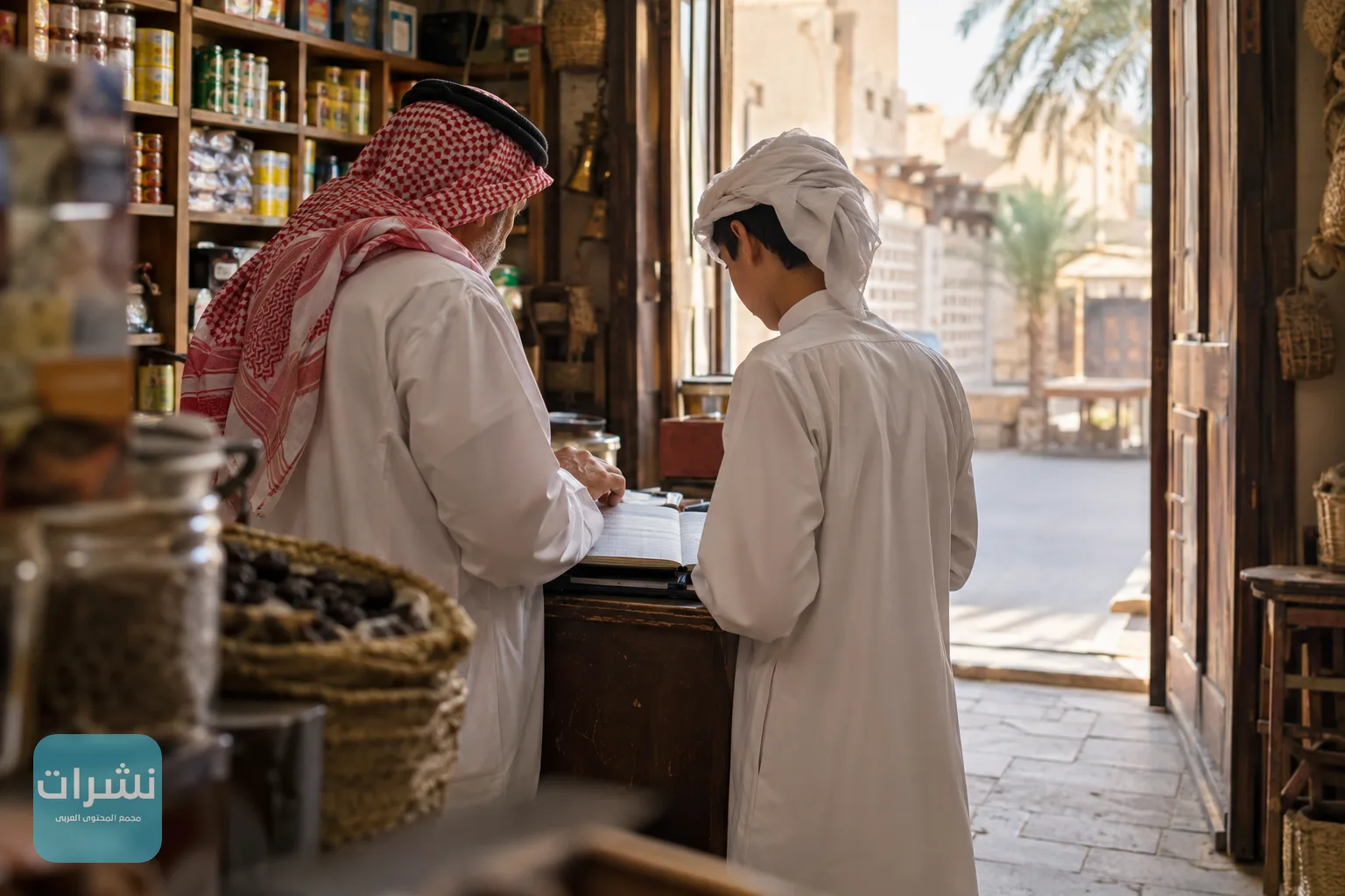 أب وابنه يراجعان دفترًا عند منضدة متجر صغير في سوق سعودي