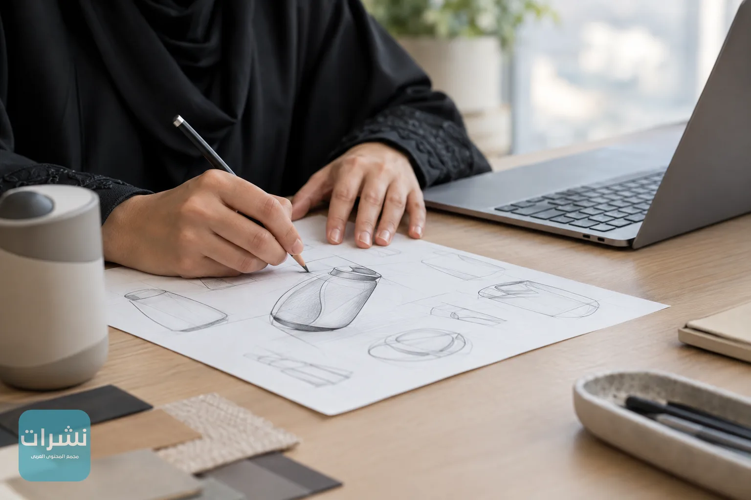 يد ترسم تصميماً لمنتج على ورقة بجانب جهاز حاسوب محمول