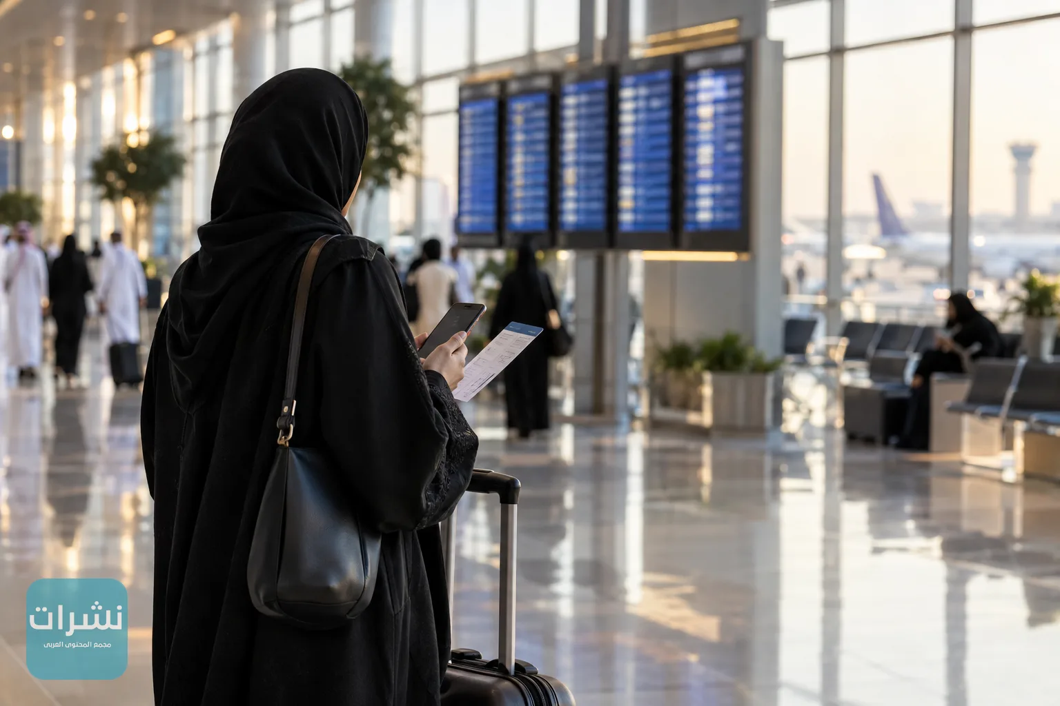 مسافر يتحقق من حالة رحلته على هاتفه في صالة مطار بالمنطقة الشرقية