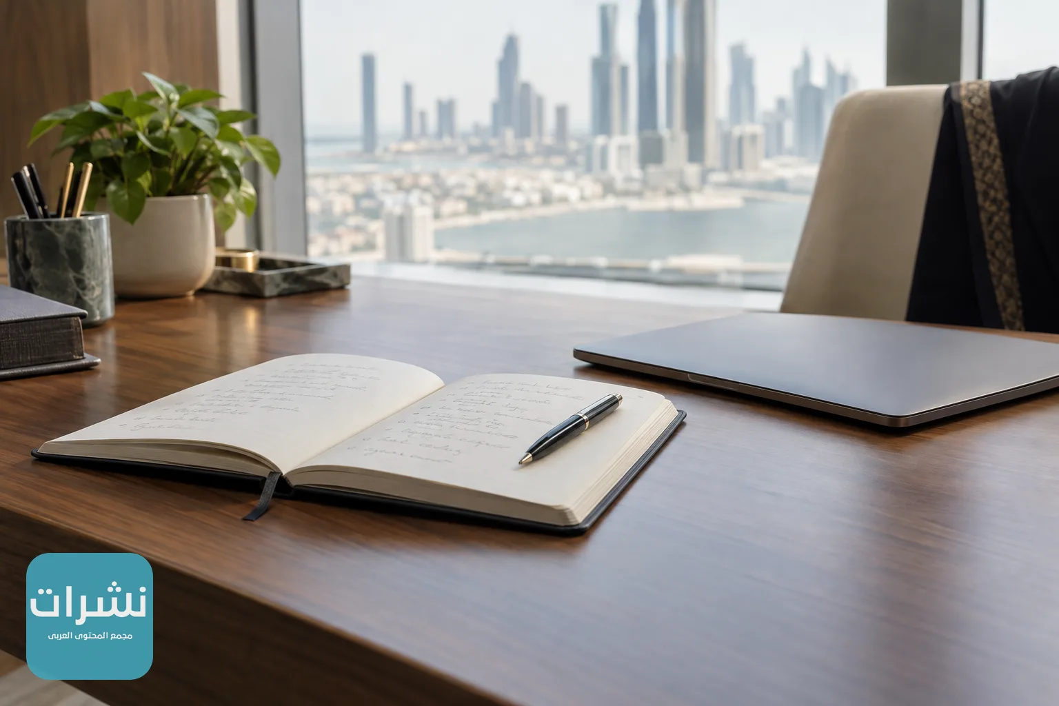 دفتر مفتوح وقلم وحاسوب على مكتب خشبي في مكتب بإضاءة هادئة