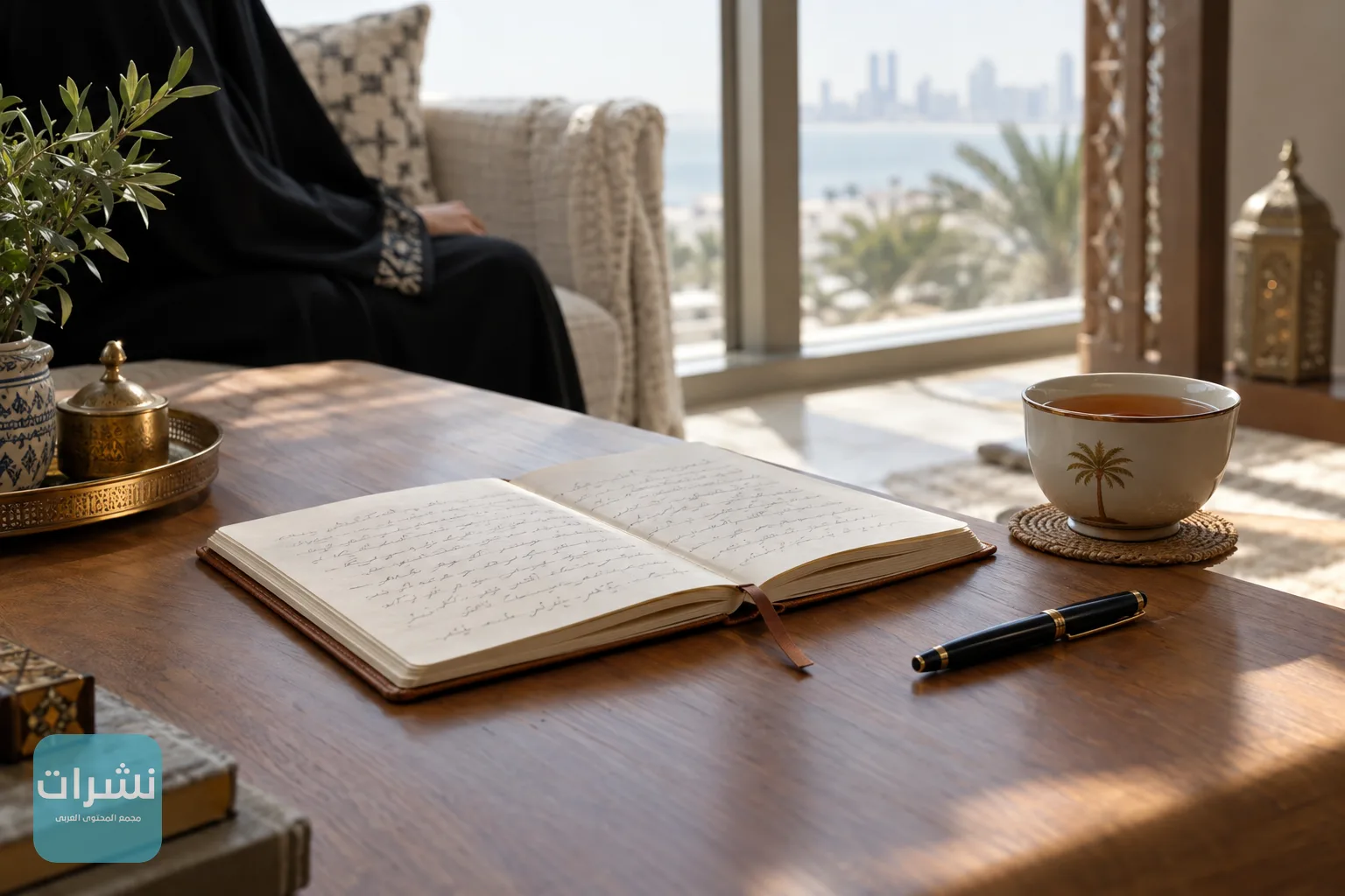 دفتر مفتوح بجانب كوب شاي وقلم على مكتب خشبي قرب نافذة في ضوء الصباح